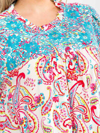 PLUS SIZE SHORT SLEEVE EMBROIDERY MULTI PRINT BLOUSE