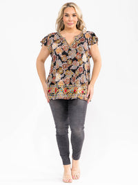 PLUS SIZE SHORT RUFFLE SLEEVE V-NECK EMBROIDERY MULTI PRINT BLOUSE