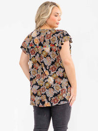 PLUS SIZE SHORT RUFFLE SLEEVE V-NECK EMBROIDERY MULTI PRINT BLOUSE