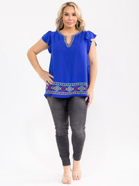 PLUS SIZE RUFFLE SLEEVE V-NECK EMBROIDERY MULTI BLOUSE