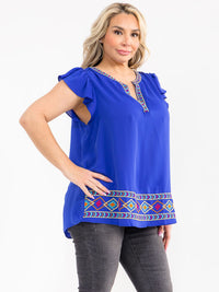 PLUS SIZE RUFFLE SLEEVE V-NECK EMBROIDERY MULTI BLOUSE