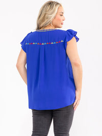 PLUS SIZE RUFFLE SLEEVE V-NECK EMBROIDERY MULTI BLOUSE