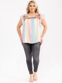 PLUS SIZE RUFFLE SLEEVE FLORAL EMBROIDERY MULTI STRIPES BLOUSE