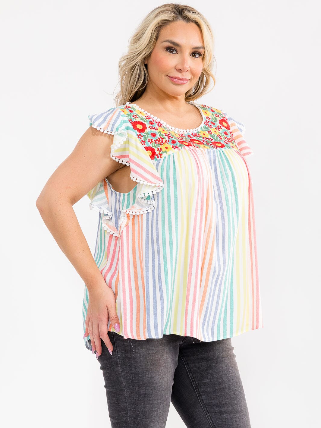 PLUS SIZE RUFFLE SLEEVE FLORAL EMBROIDERY MULTI STRIPES BLOUSE