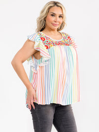 PLUS SIZE RUFFLE SLEEVE FLORAL EMBROIDERY MULTI STRIPES BLOUSE