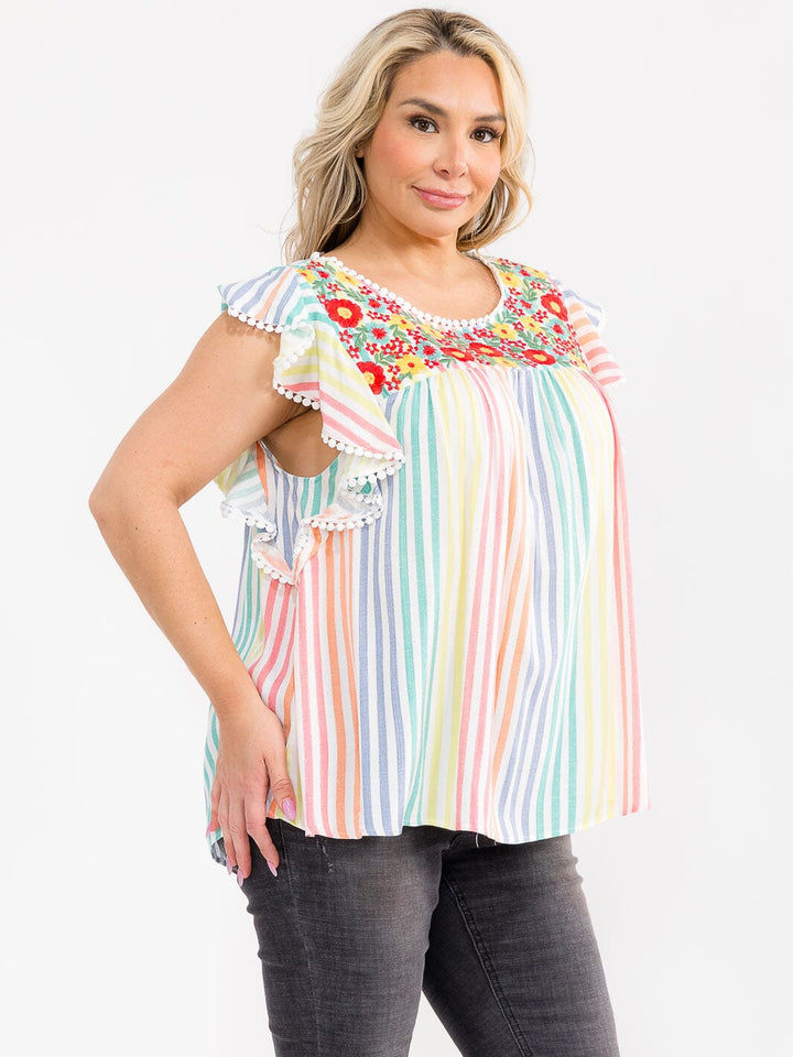 PLUS SIZE RUFFLE SLEEVE FLORAL EMBROIDERY MULTI STRIPES BLOUSE