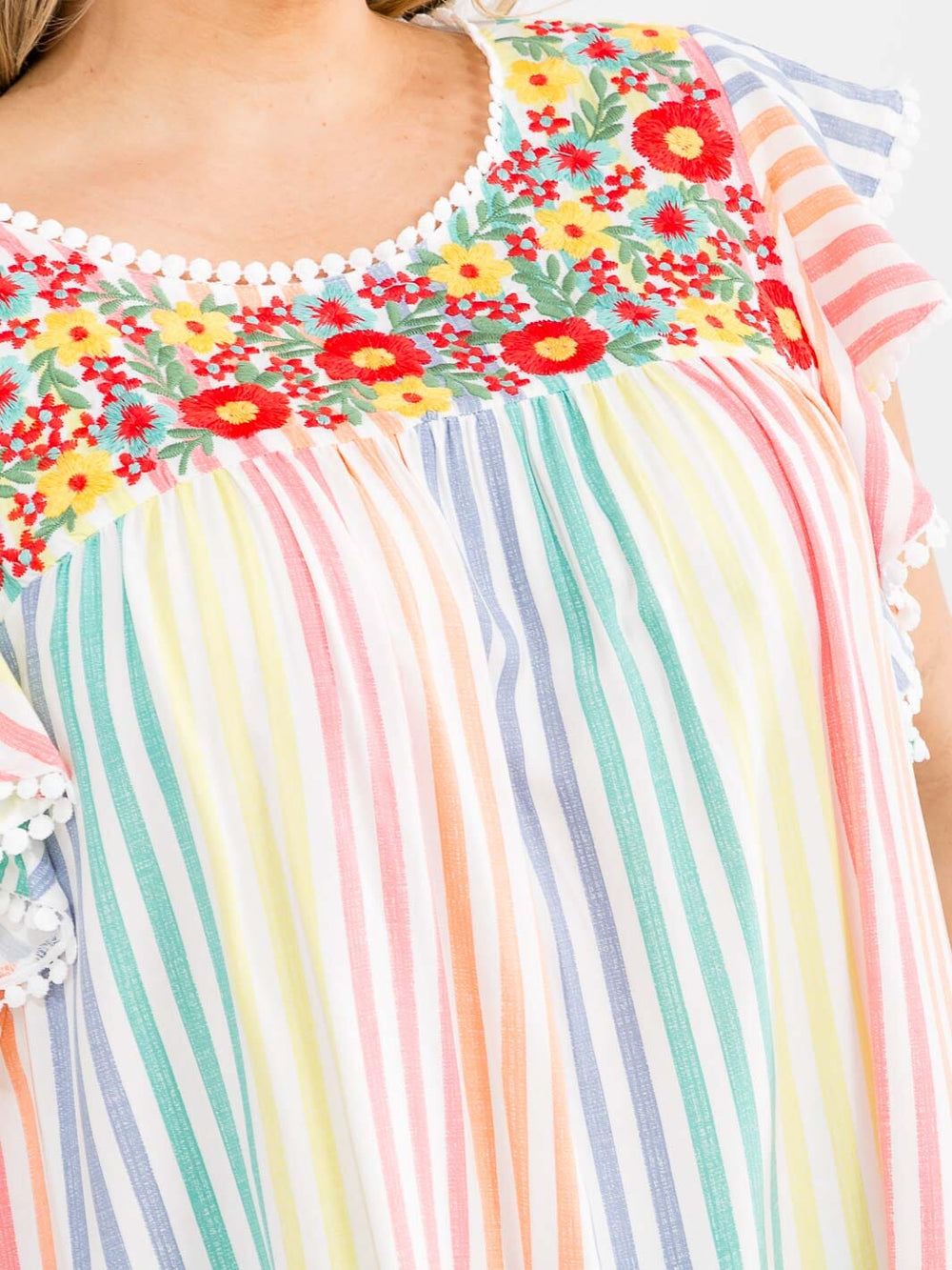 PLUS SIZE RUFFLE SLEEVE FLORAL EMBROIDERY MULTI STRIPES BLOUSE