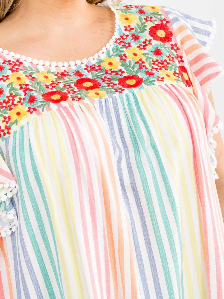 PLUS SIZE RUFFLE SLEEVE FLORAL EMBROIDERY MULTI STRIPES BLOUSE