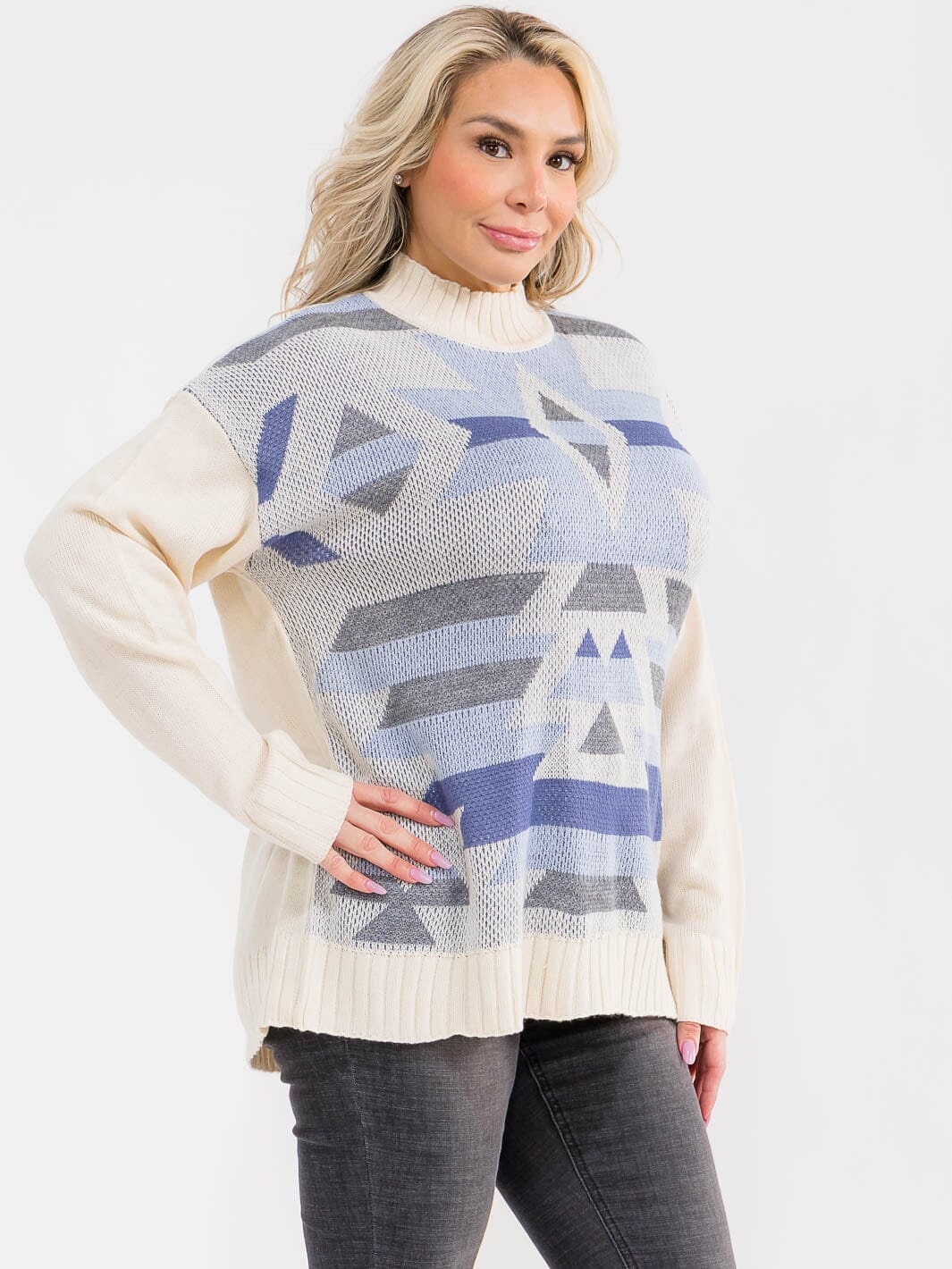 PLUS SIZE LONG SLEEVE MOCK NECK PRINT COLORBLOCK PULLOVER SWEATER
