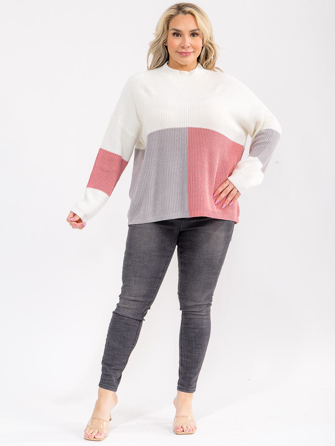 PLUS SIZE LONG SLEEVE MOCK NECK RIBBED COLORBLOCK PULLOVER SWEATER