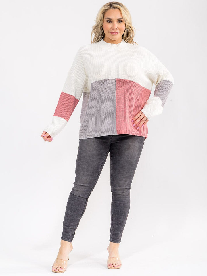 PLUS SIZE LONG SLEEVE MOCK NECK RIBBED COLORBLOCK PULLOVER SWEATER