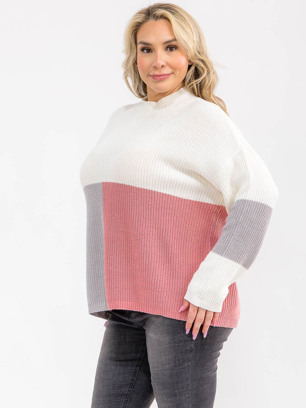 PLUS SIZE LONG SLEEVE MOCK NECK RIBBED COLORBLOCK PULLOVER SWEATER
