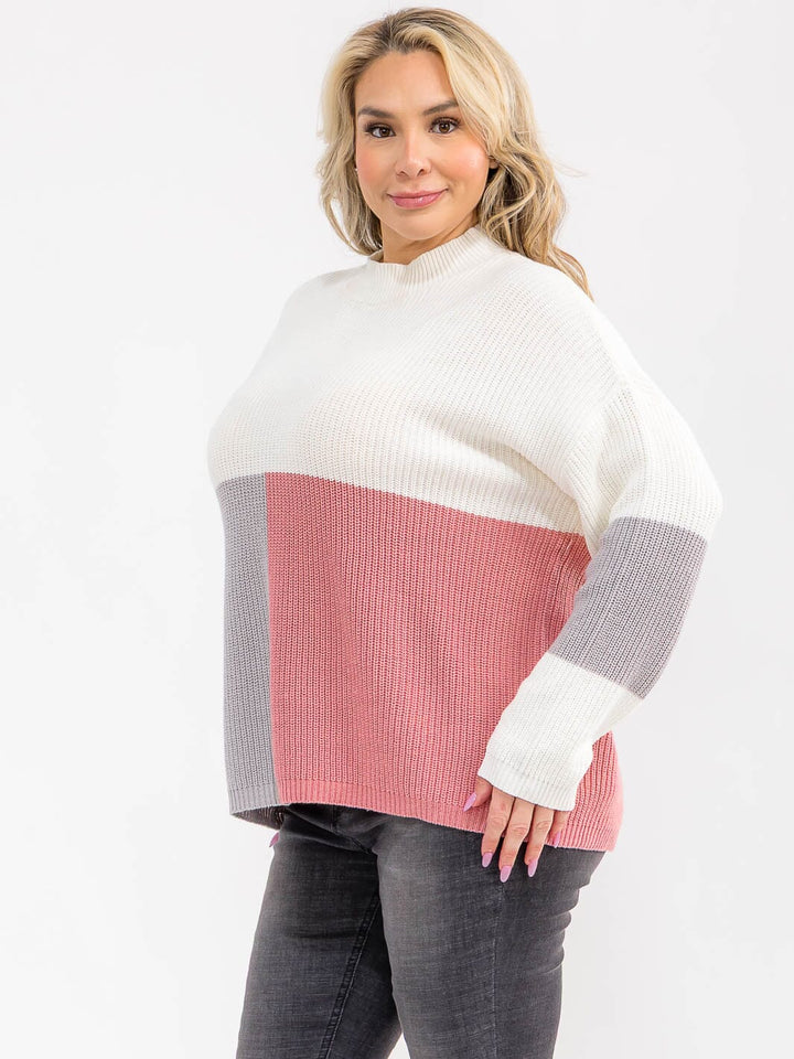 PLUS SIZE LONG SLEEVE MOCK NECK RIBBED COLORBLOCK PULLOVER SWEATER