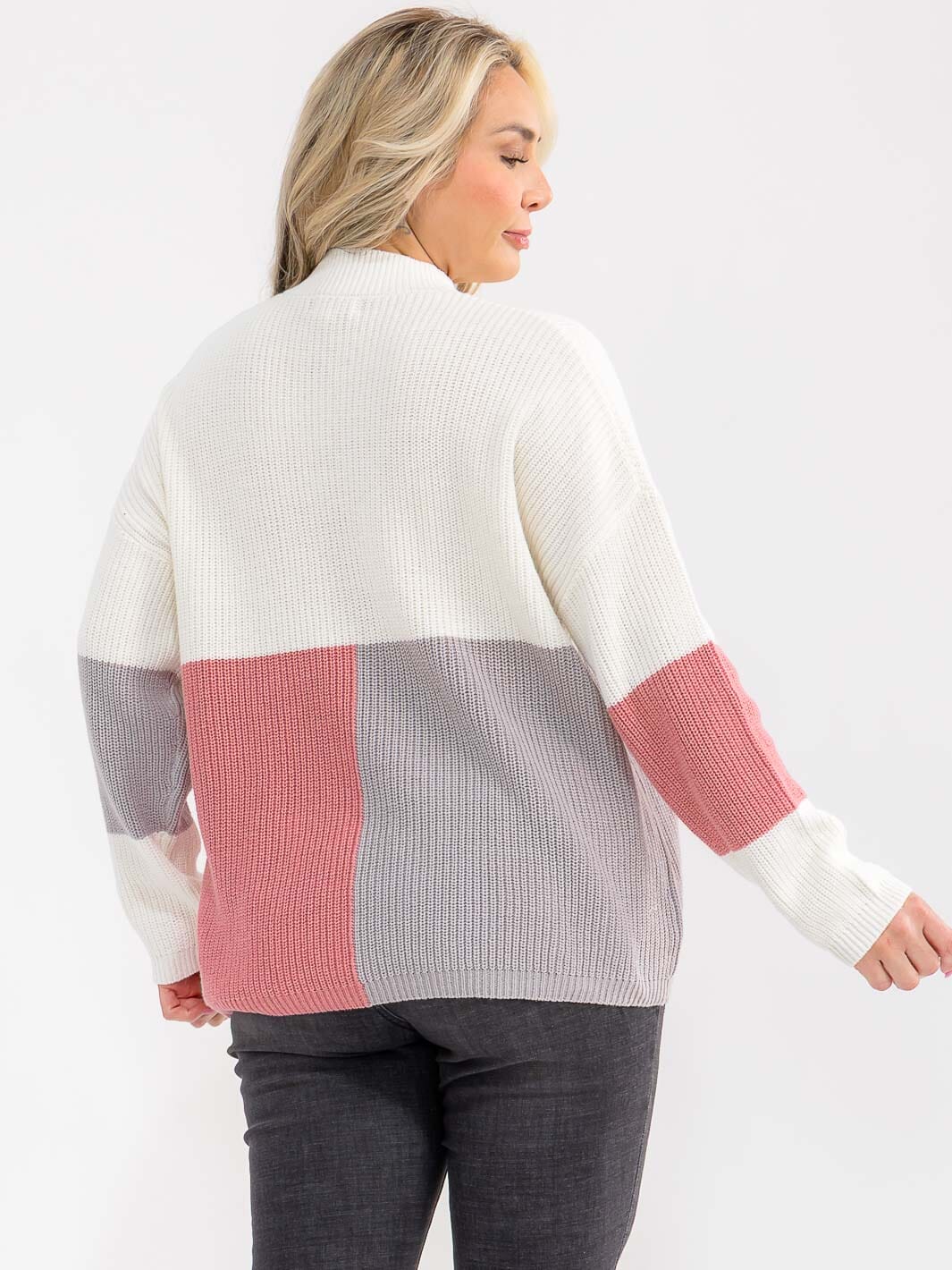 PLUS SIZE LONG SLEEVE MOCK NECK RIBBED COLORBLOCK PULLOVER SWEATER