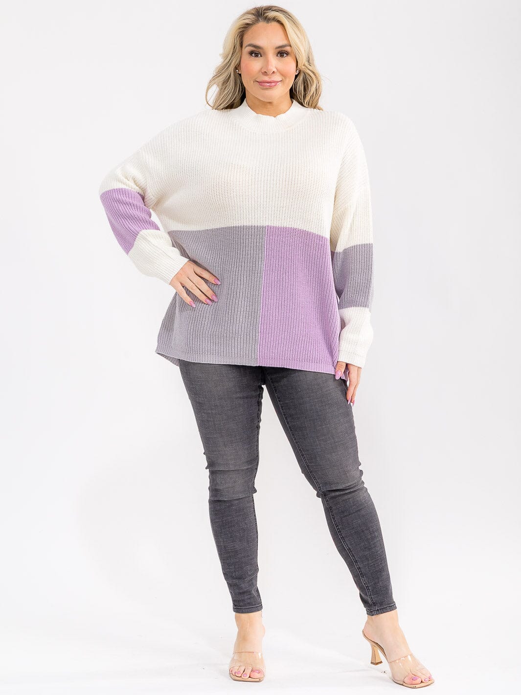 PLUS SIZE LONG SLEEVE MOCK NECK RIBBED COLORBLOCK PULLOVER SWEATER