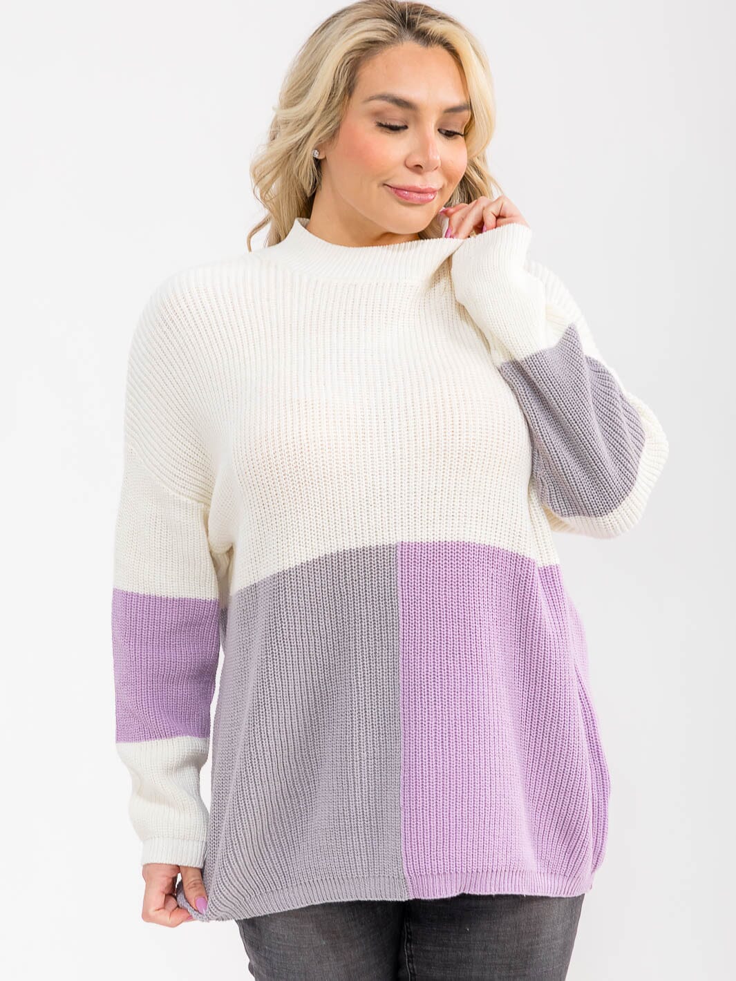 PLUS SIZE LONG SLEEVE MOCK NECK RIBBED COLORBLOCK PULLOVER SWEATER