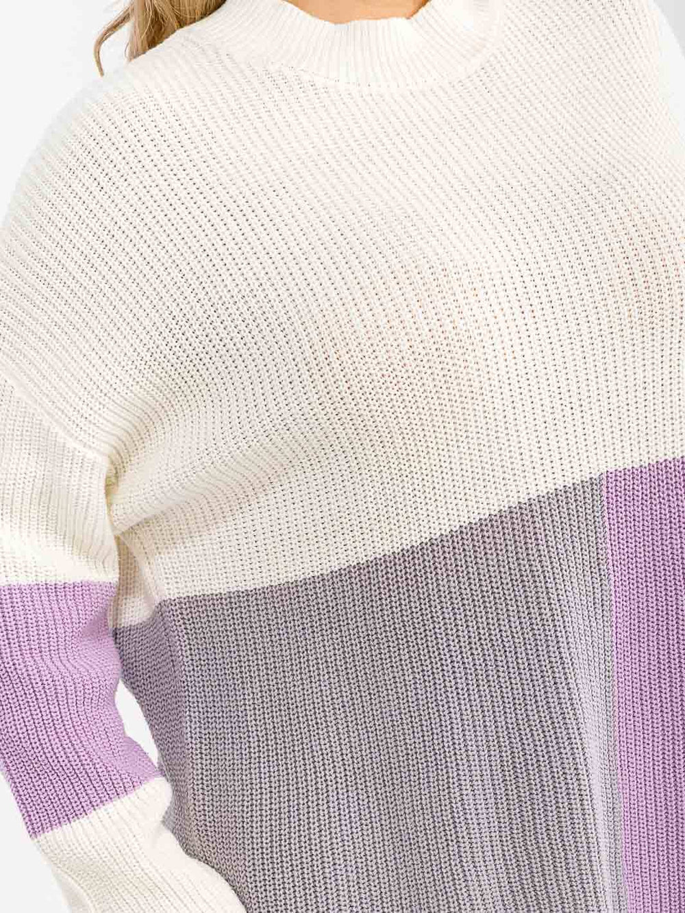 PLUS SIZE LONG SLEEVE MOCK NECK RIBBED COLORBLOCK PULLOVER SWEATER