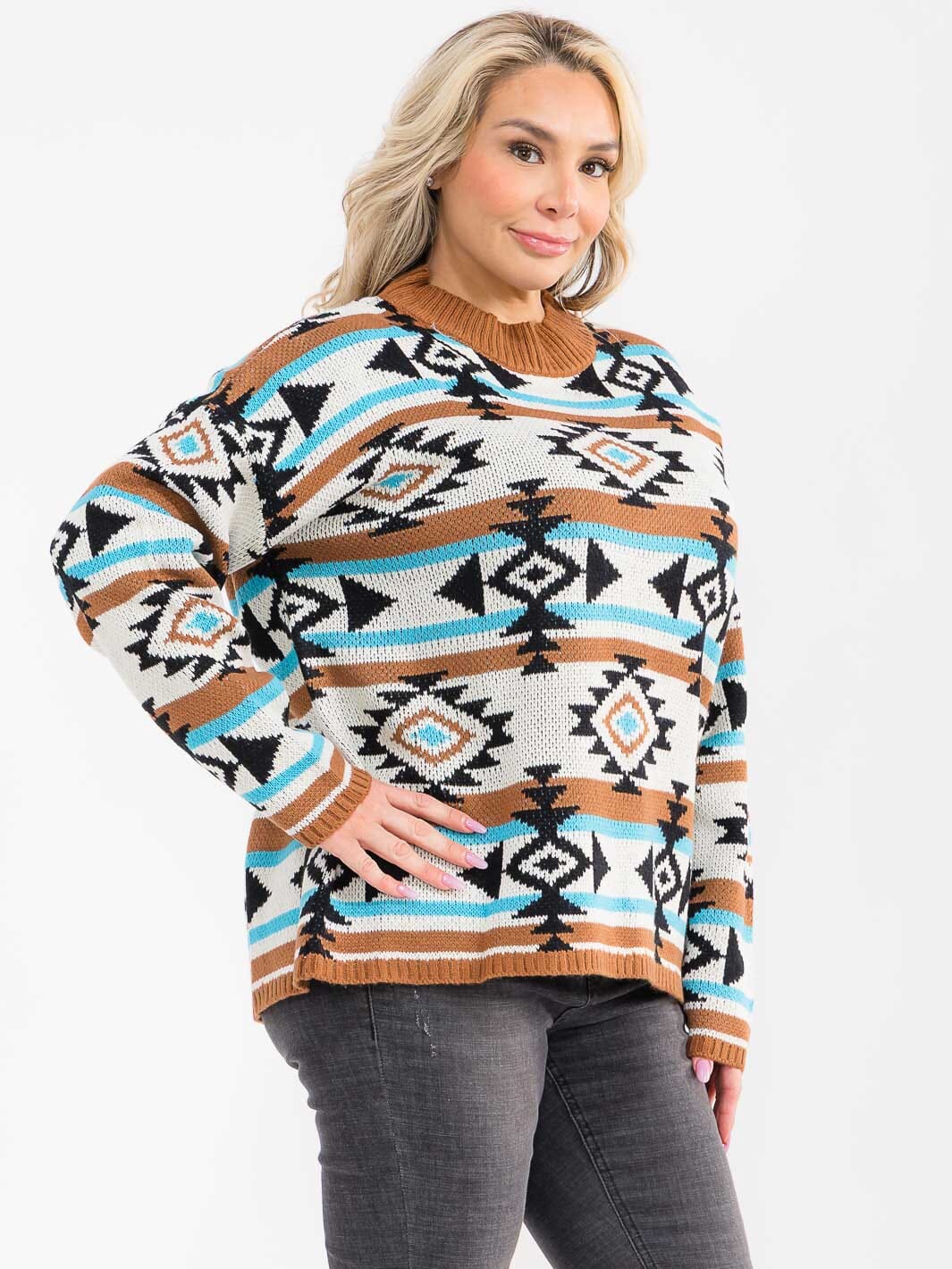 PLUS SIZE LONG SLEEVE MULTI PRINT COLORBLOCK PULLOVER SWEATER