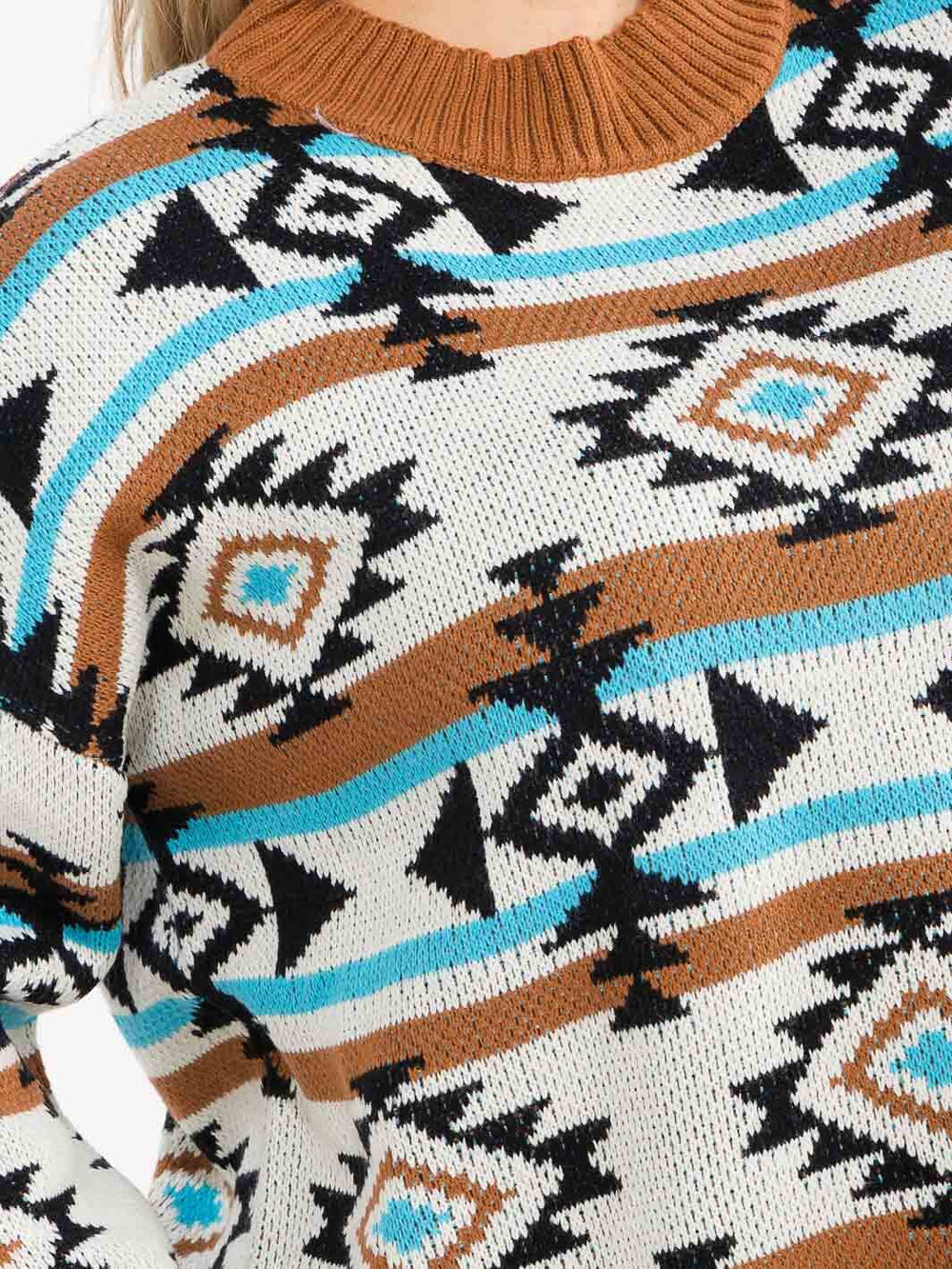 PLUS SIZE LONG SLEEVE MULTI PRINT COLORBLOCK PULLOVER SWEATER