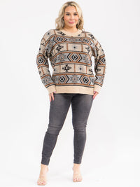 PLUS SIZE LONG SLEEVE MULTI PRINT COLORBLOCK PULLOVER SWEATER