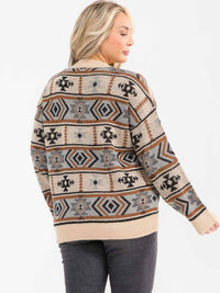 PLUS SIZE LONG SLEEVE MULTI PRINT COLORBLOCK PULLOVER SWEATER