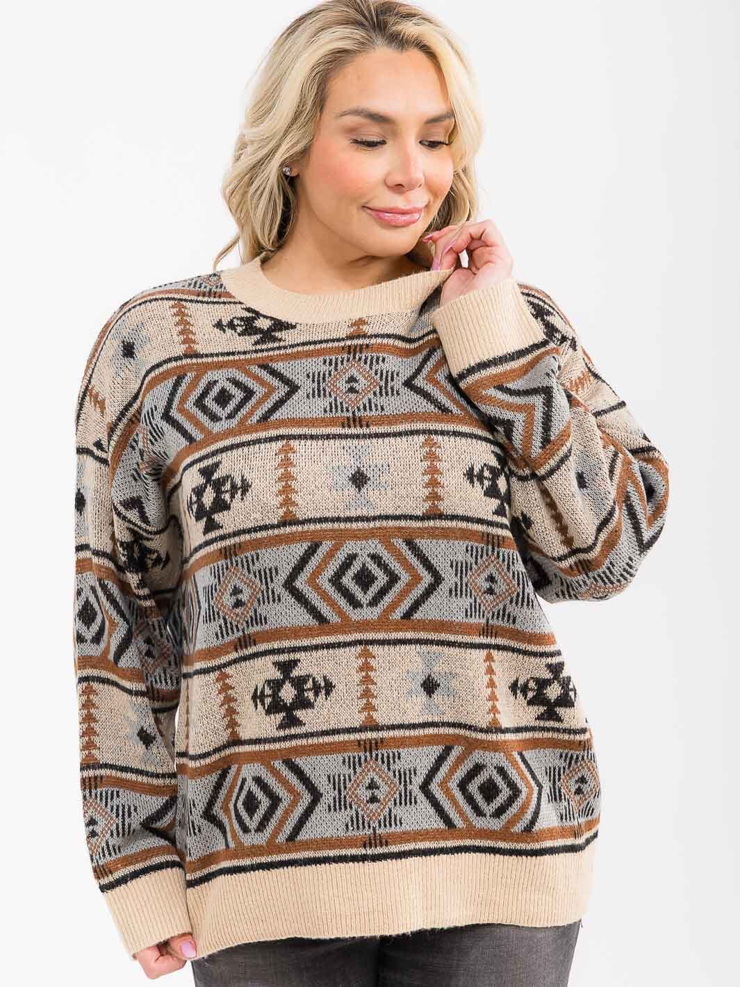 PLUS SIZE LONG SLEEVE MULTI PRINT COLORBLOCK PULLOVER SWEATER