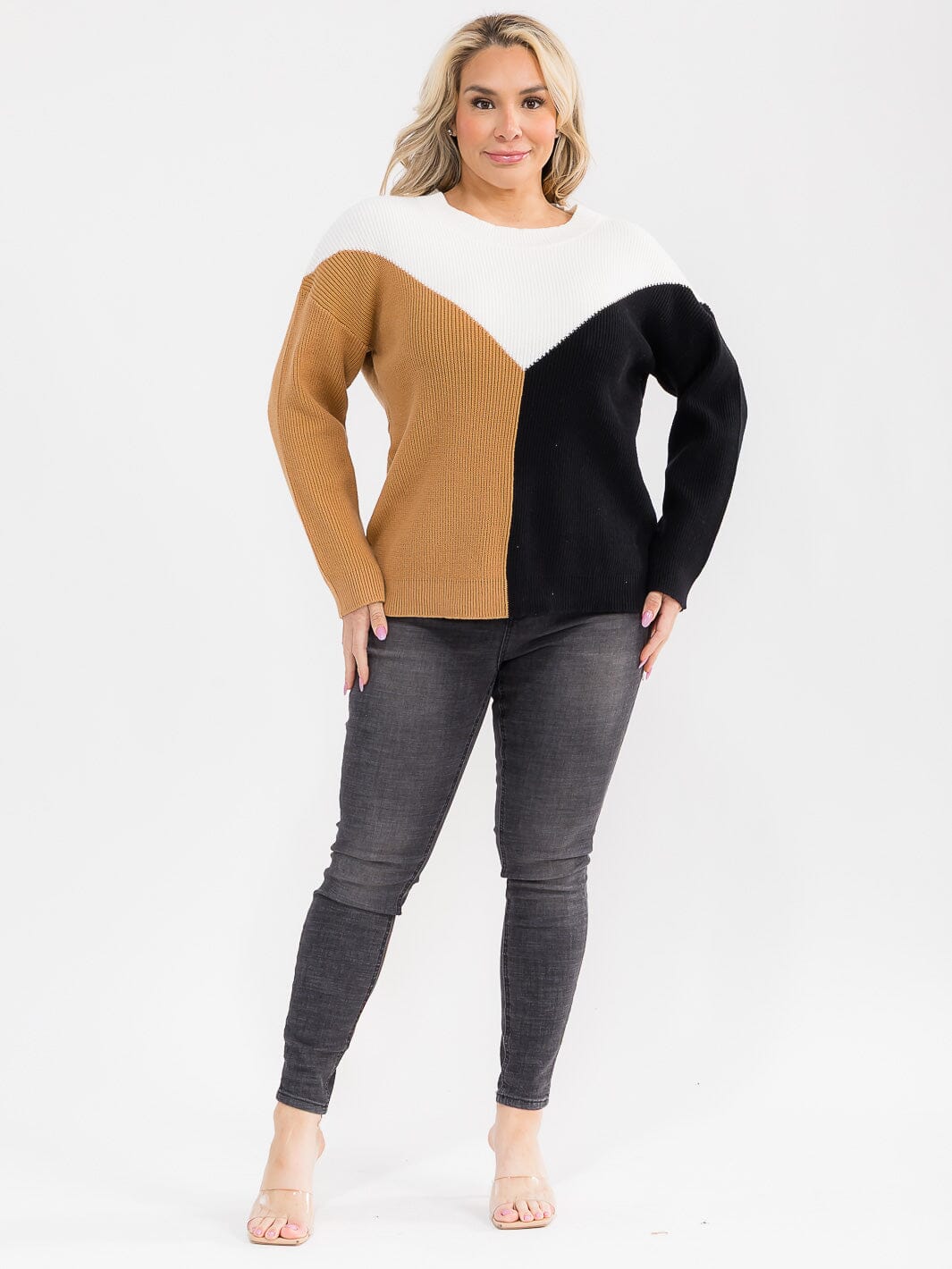 PLUS SIZE LONG SLEEVE RIBBED COLORBLOCK PULLOVER SWEATER