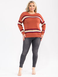 PLUS SIZE LONG SLEEVE STRIPES COLORBLOCK PULLOVER SWEATER