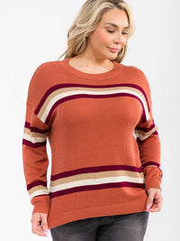 PLUS SIZE LONG SLEEVE STRIPES COLORBLOCK PULLOVER SWEATER
