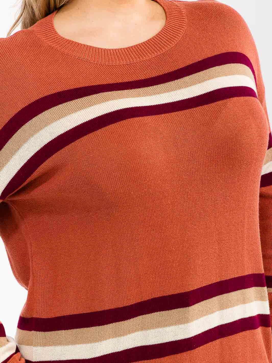 PLUS SIZE LONG SLEEVE STRIPES COLORBLOCK PULLOVER SWEATER