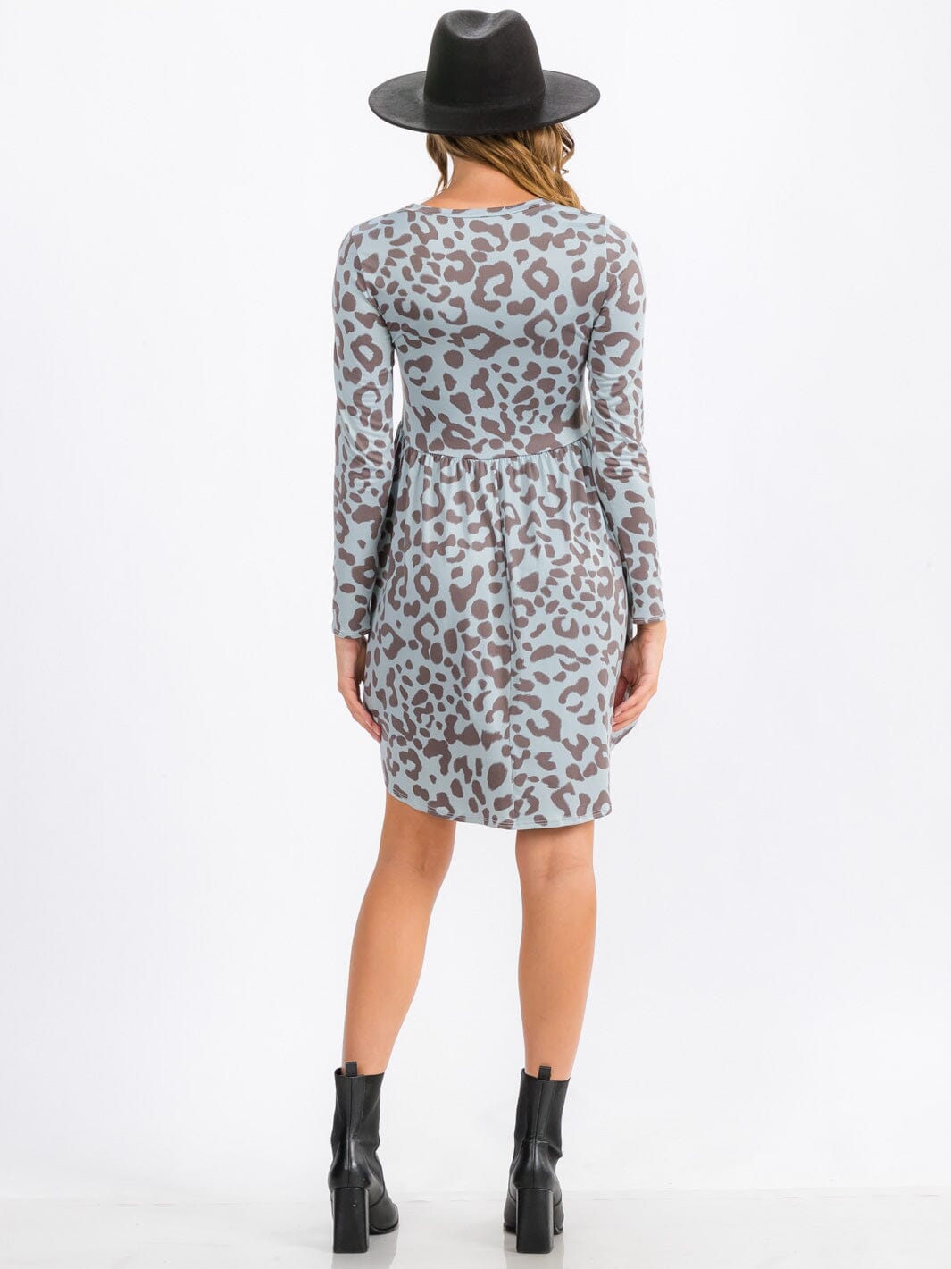 WOMEN'S LONG SLEEVE ELASTIC WAIST FRONT POCKETS ANIMAL PRINT MINI DRESS