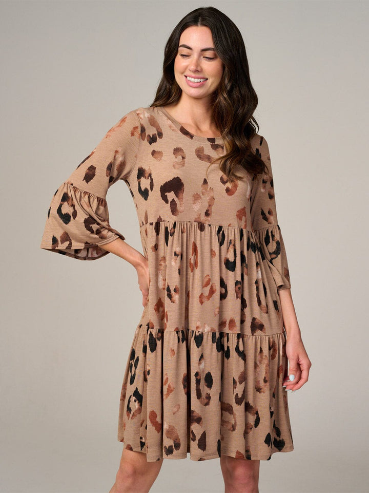 WOMEN'S 3/4 SLEEVE FRONT POCKETS ANIMAL PRINT TUNIC MINI DRESS