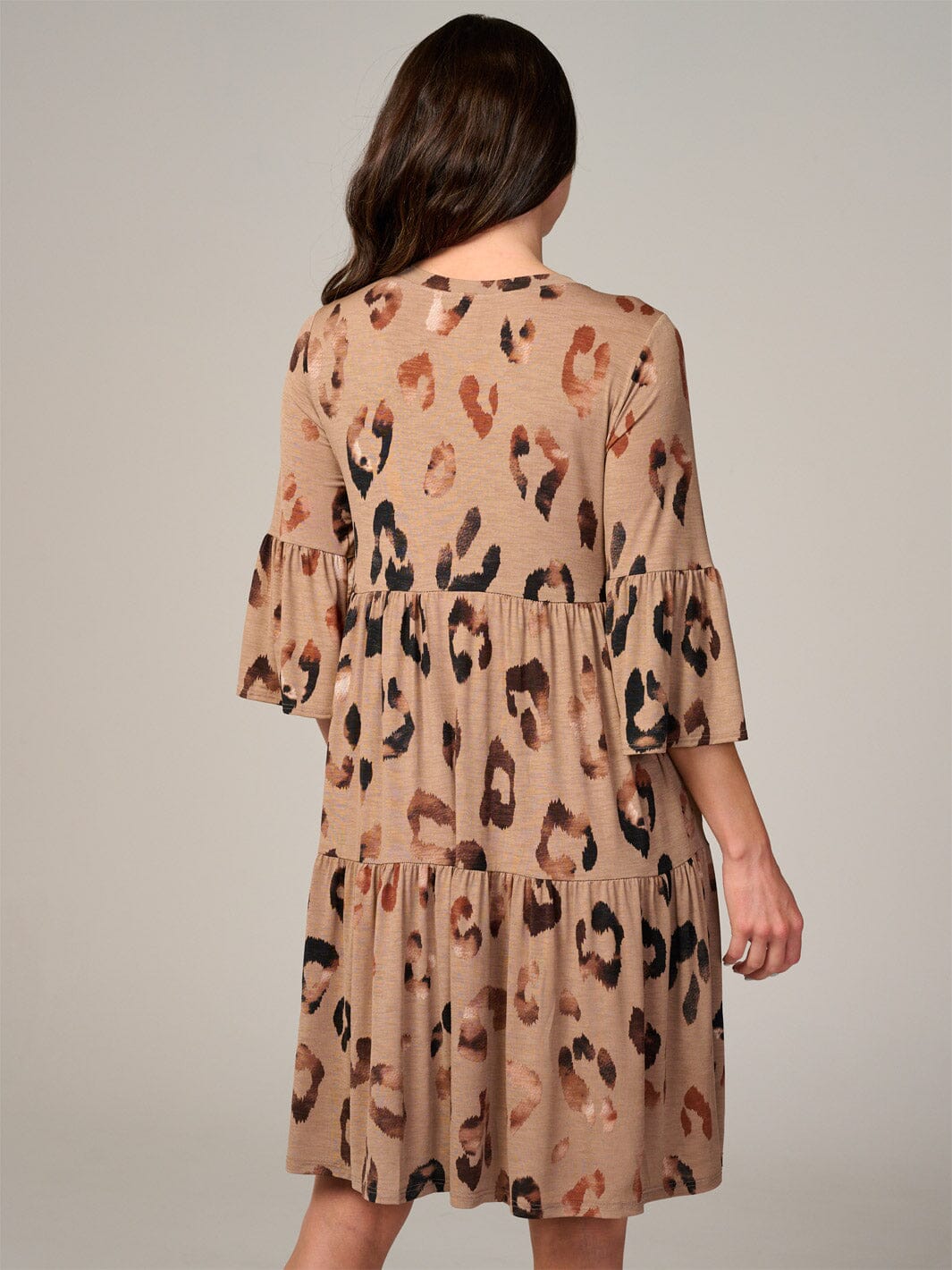 WOMEN'S 3/4 SLEEVE FRONT POCKETS ANIMAL PRINT TUNIC MINI DRESS