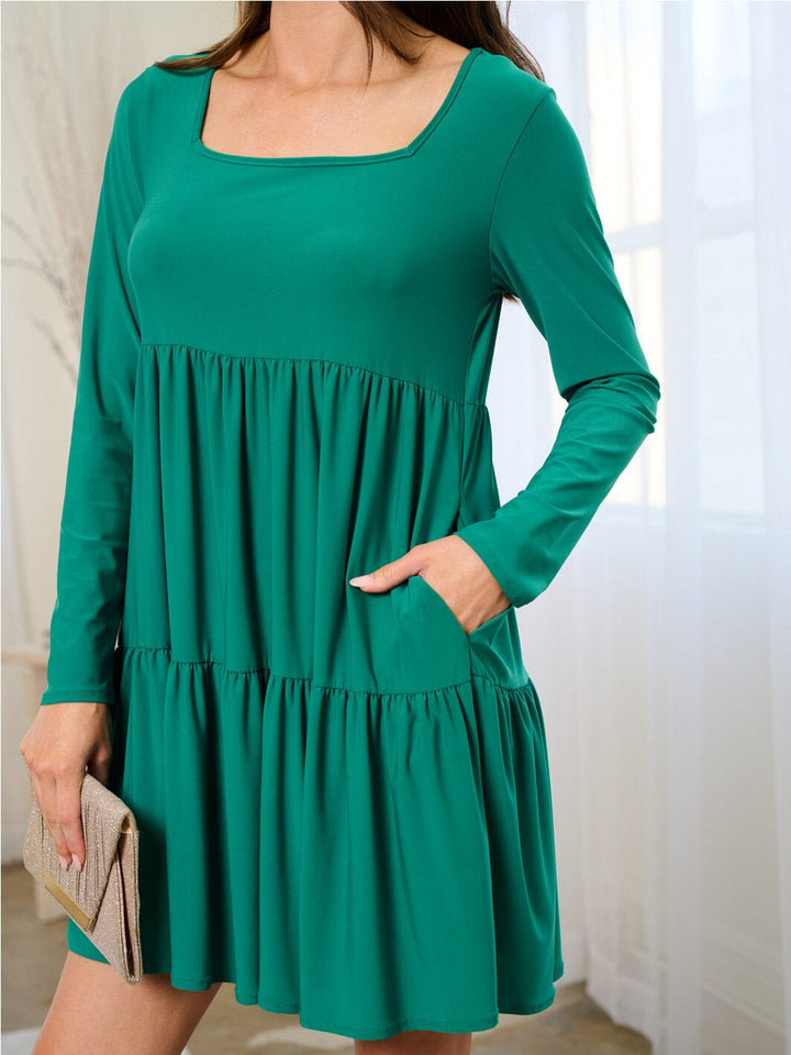 WOMEN'S LONG SLEEVE TIERED SQUARE NECK POCKETS MINI DRESS