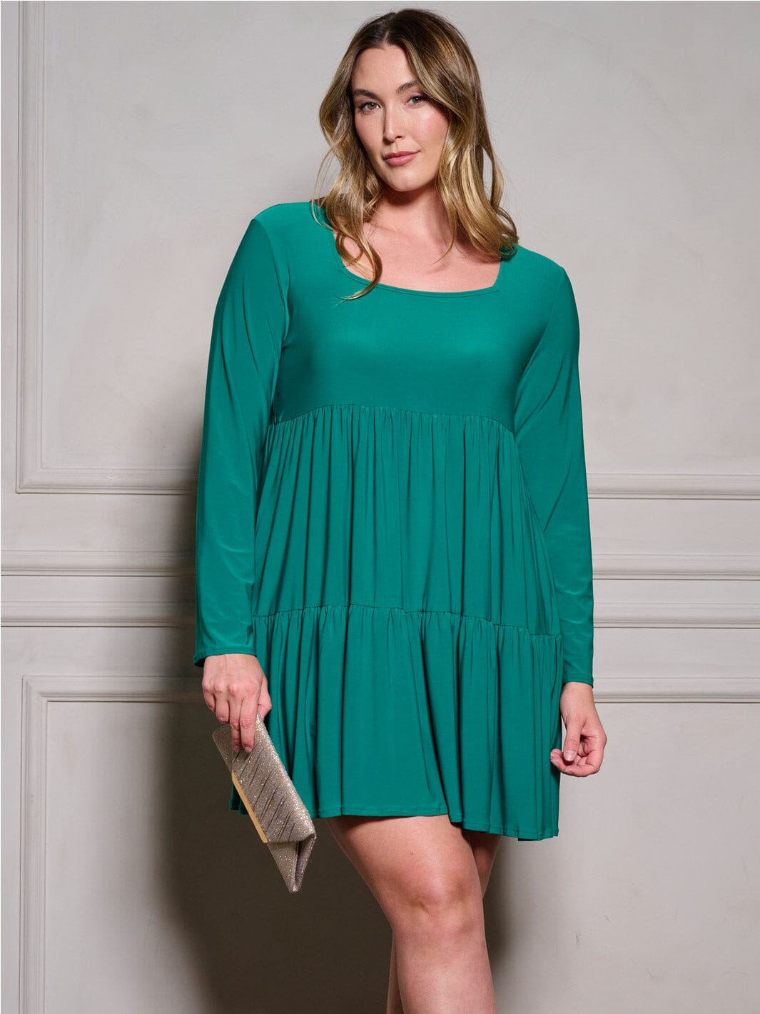 PLUS SIZE LONG SLEEVE SQUARE NECK TIERED MINI DRESS