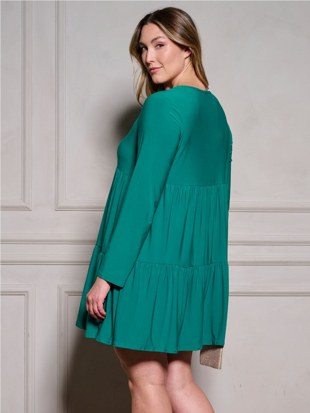 PLUS SIZE LONG SLEEVE SQUARE NECK TIERED MINI DRESS