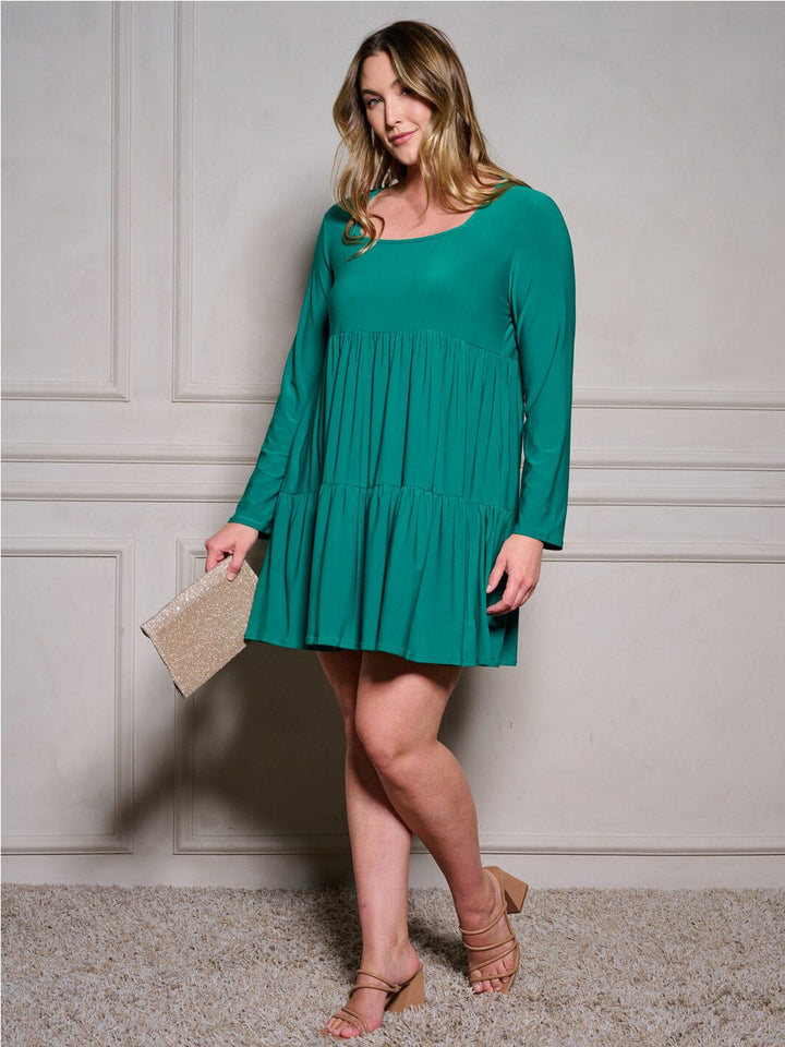 PLUS SIZE LONG SLEEVE SQUARE NECK TIERED MINI DRESS