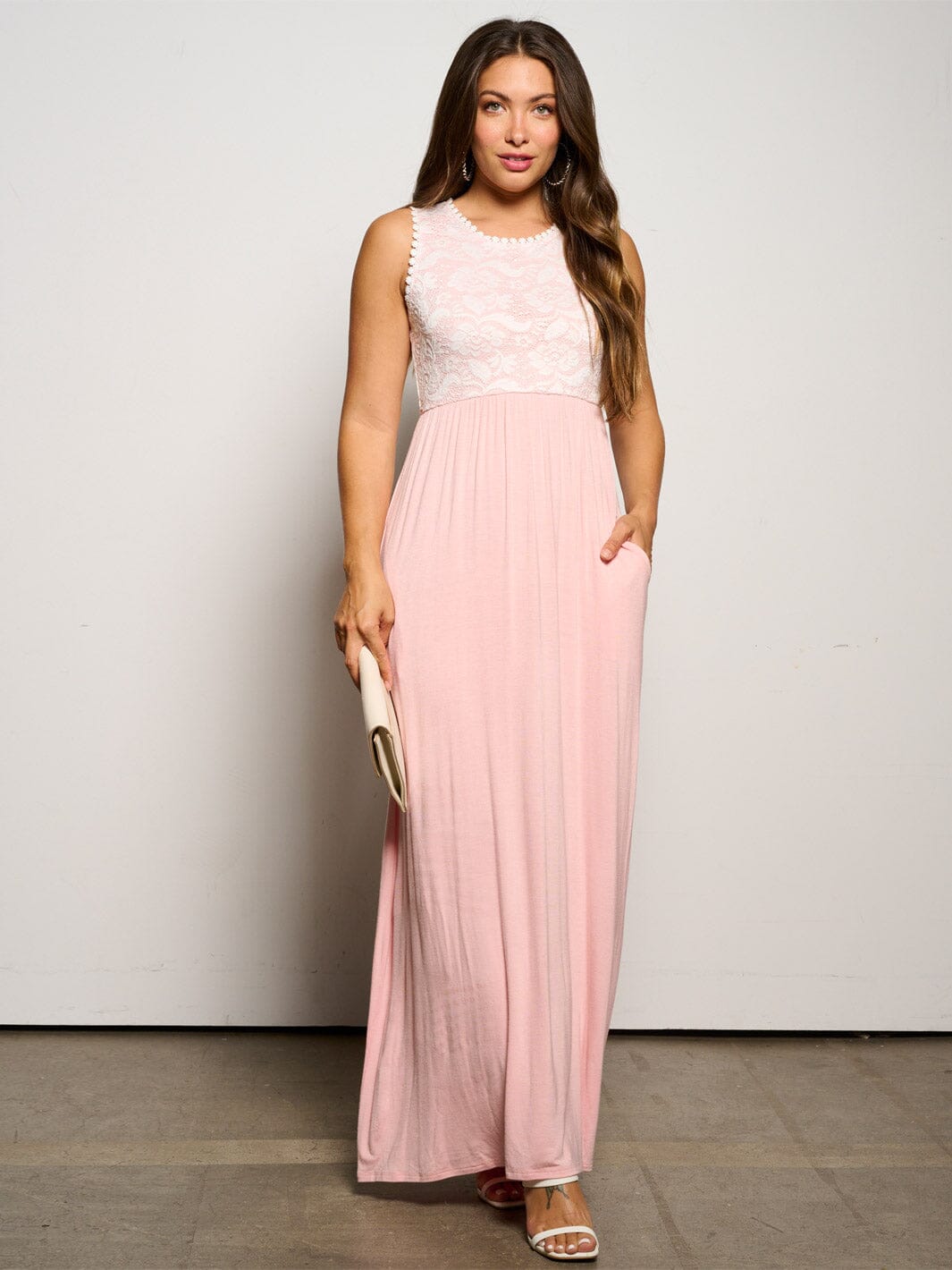 WOMEN'S SLEEVELESS ELASTIC WAIST POCKETS LACE MAXI DRESS