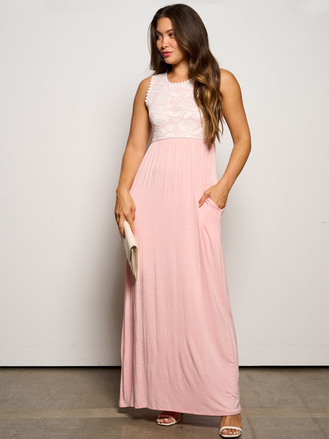 WOMEN'S SLEEVELESS ELASTIC WAIST POCKETS LACE MAXI DRESS