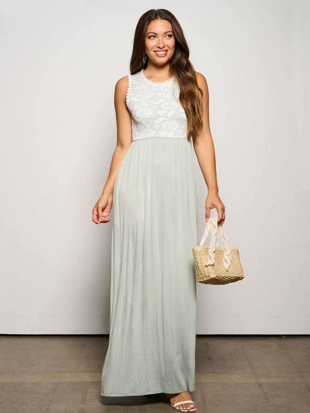 WOMEN'S SLEEVELESS ELASTIC WAIST POCKETS LACE MAXI DRESS