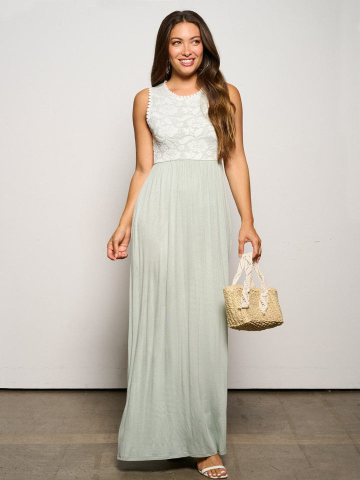 WOMEN'S SLEEVELESS ELASTIC WAIST POCKETS LACE MAXI DRESS