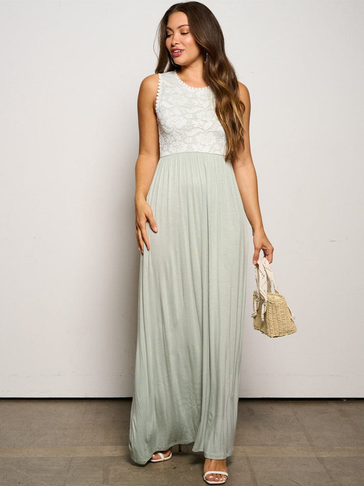 WOMEN'S SLEEVELESS ELASTIC WAIST POCKETS LACE MAXI DRESS