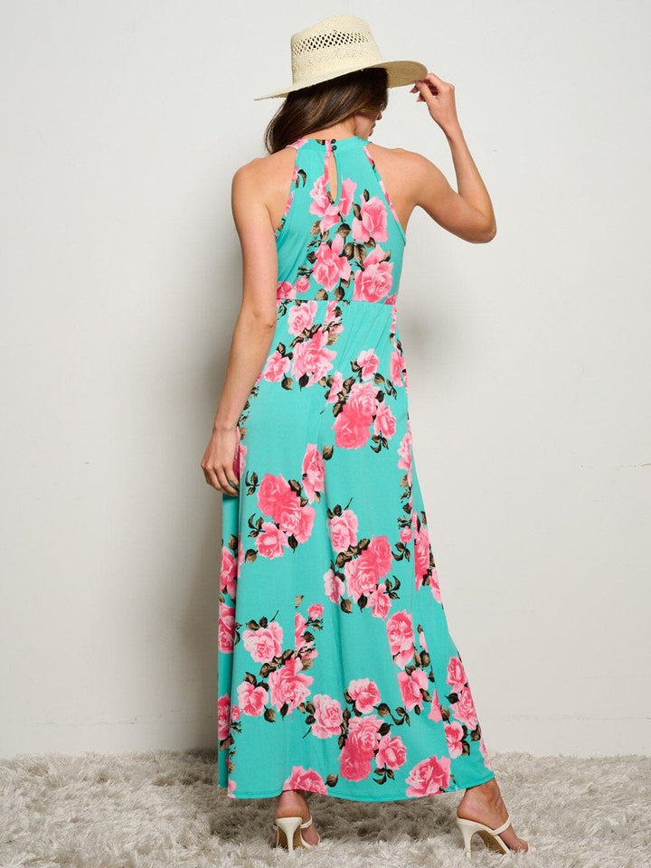 WOMEN'S SLEEVELESS POCKETS ELASTIC WAIST FLORAL MAXI DRESS