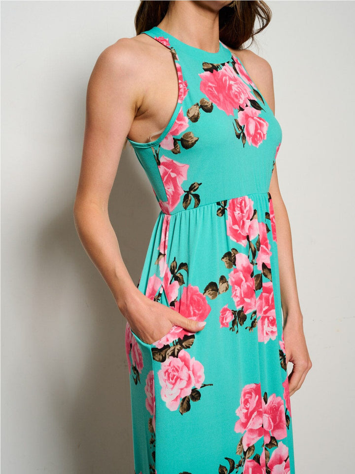 WOMEN'S SLEEVELESS POCKETS ELASTIC WAIST FLORAL MAXI DRESS