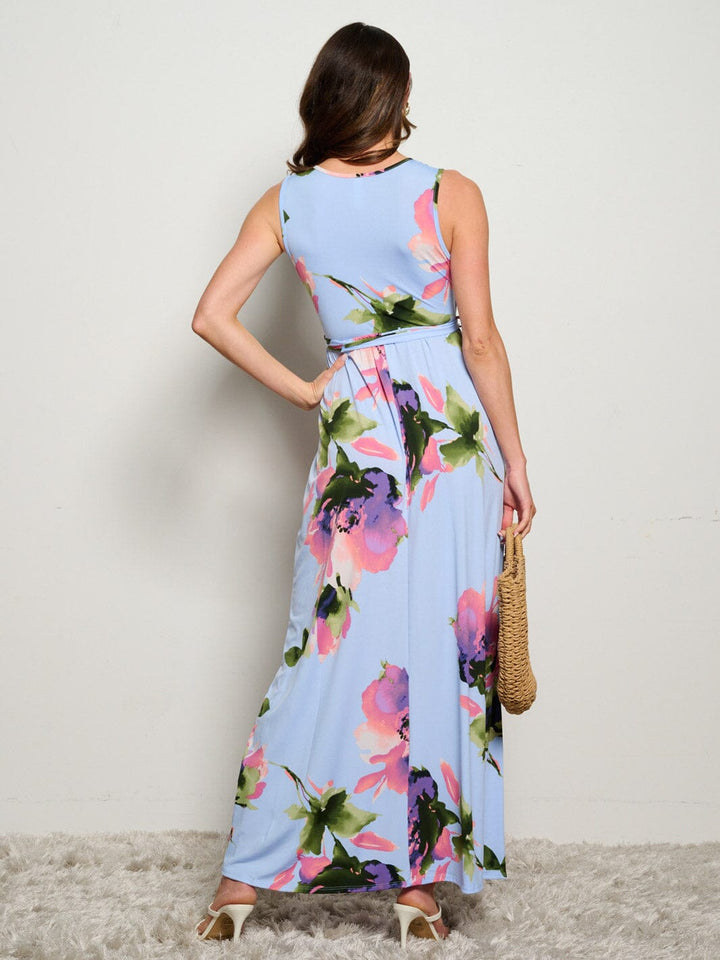 WOMEN'S SLEEVELESS SURPLICE SELF TIE ELASTIC WAIST FLORAL MAXI DRESS