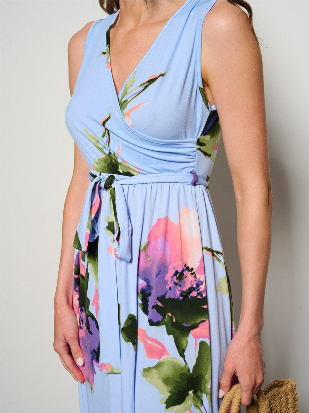 WOMEN'S SLEEVELESS SURPLICE SELF TIE ELASTIC WAIST FLORAL MAXI DRESS