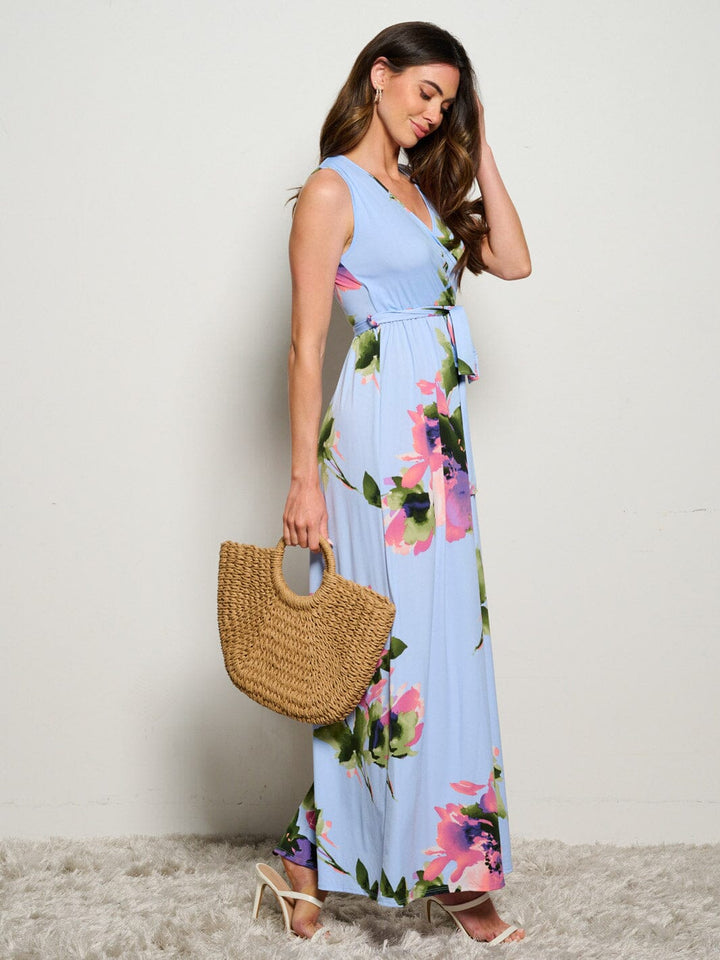 WOMEN'S SLEEVELESS SURPLICE SELF TIE ELASTIC WAIST FLORAL MAXI DRESS