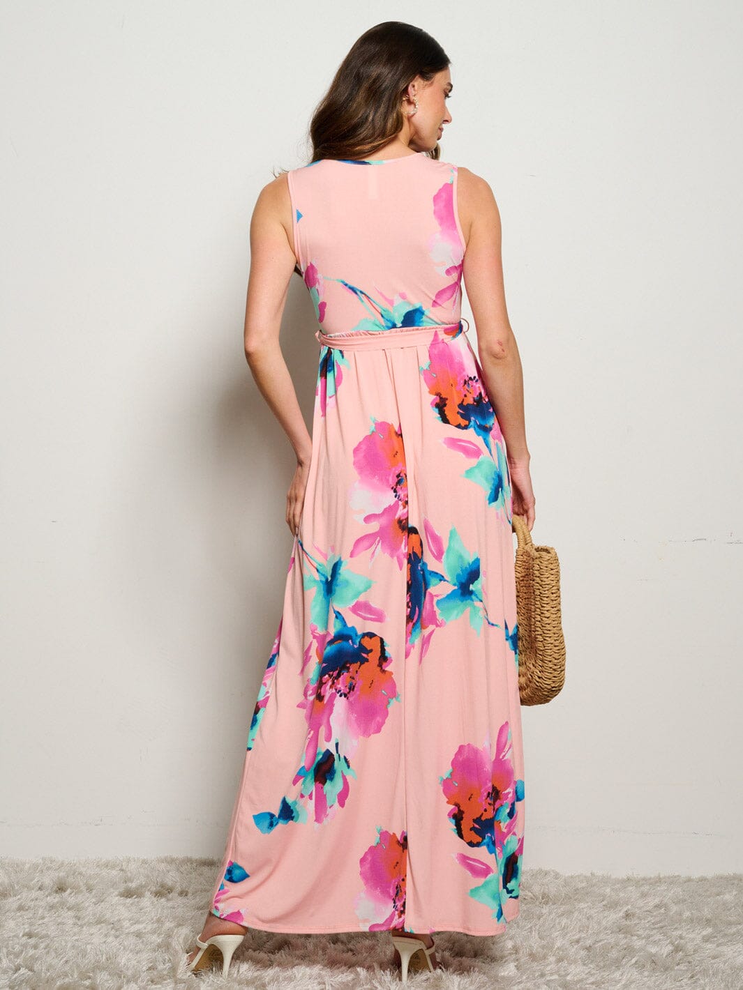 WOMEN'S SLEEVELESS SURPLICE SELF TIE ELASTIC WAIST FLORAL MAXI DRESS