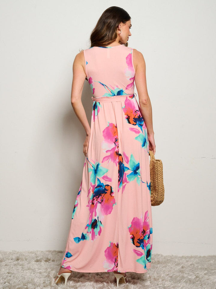 WOMEN'S SLEEVELESS SURPLICE SELF TIE ELASTIC WAIST FLORAL MAXI DRESS