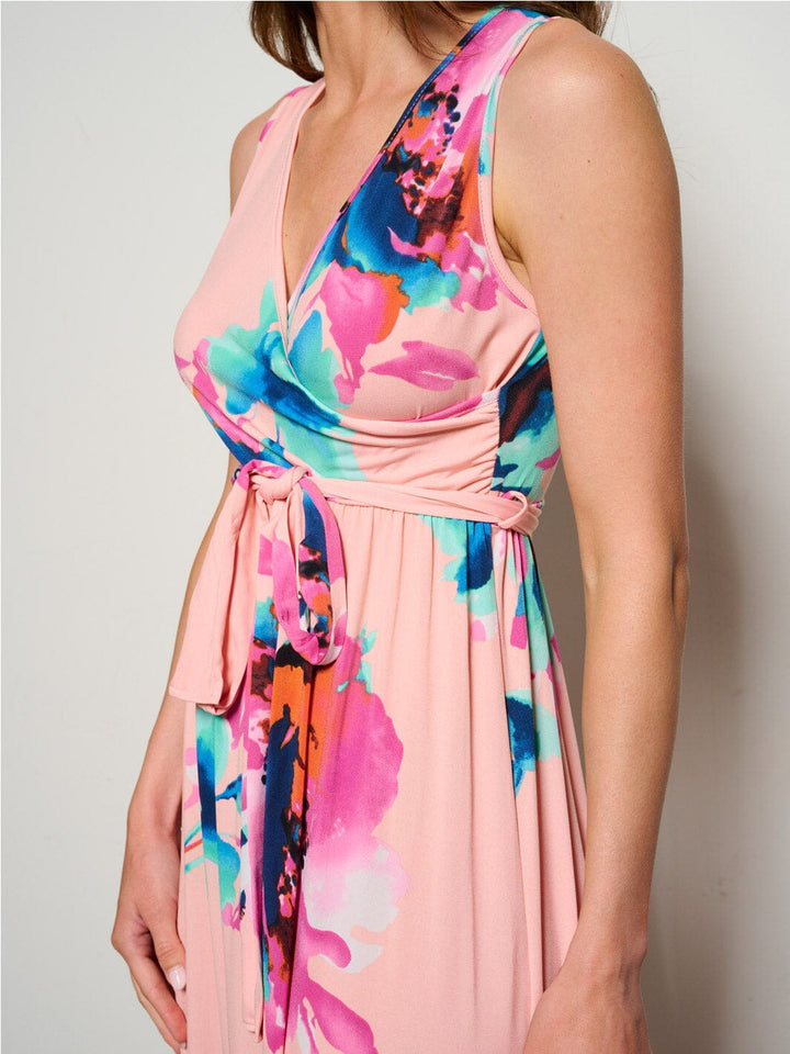 WOMEN'S SLEEVELESS SURPLICE SELF TIE ELASTIC WAIST FLORAL MAXI DRESS
